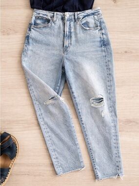 Good American Good Waist Crop Jeans High Rise Raw Hem Flattering Fit Sz 14 / 32